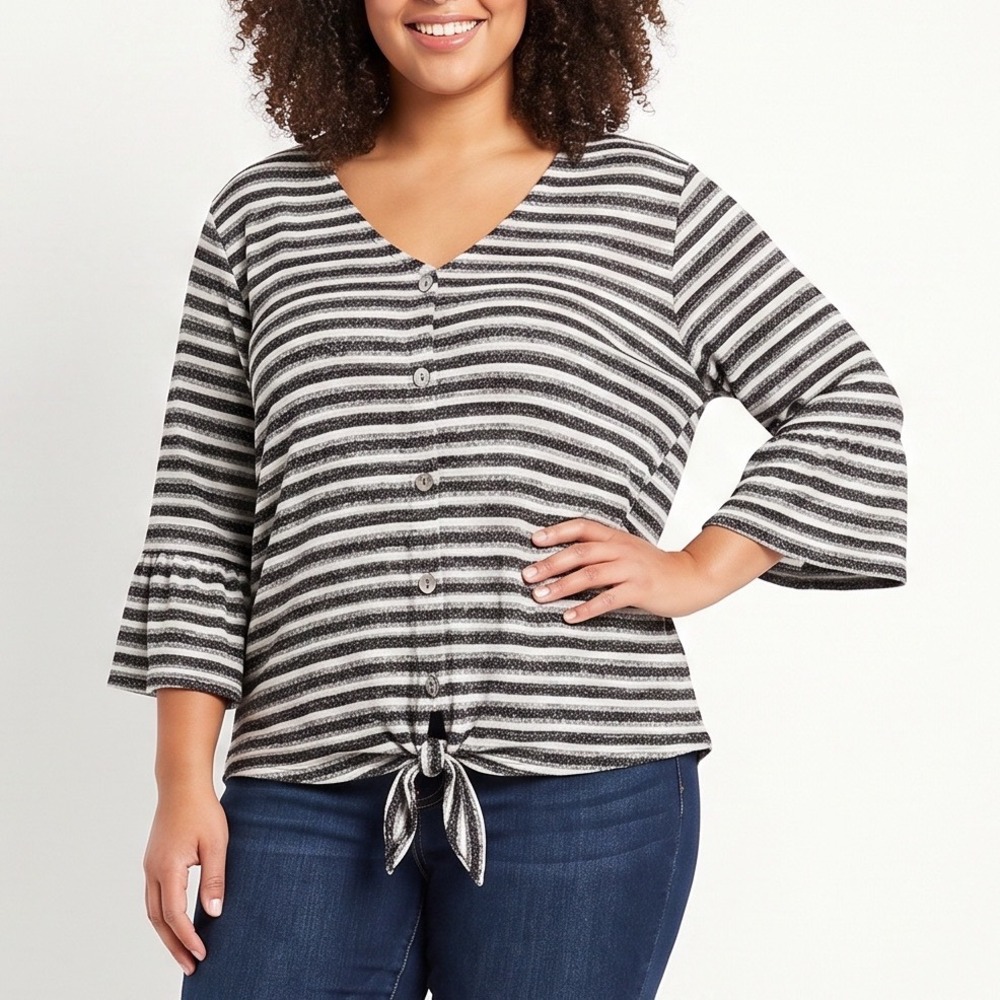 Ruby Rd. Top Womens 2X Striped Black White Button-down Bell Sleeve Excellent
